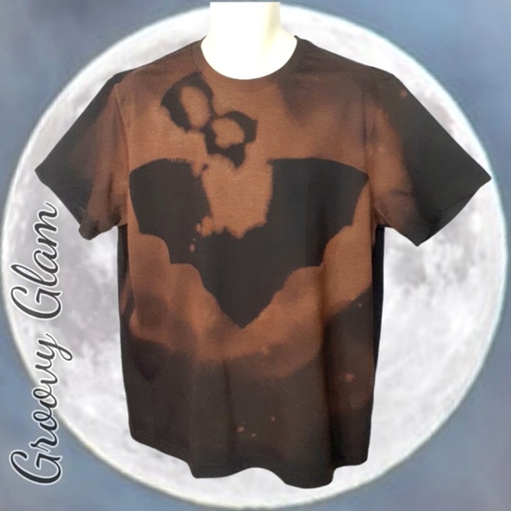 GROOVY GLAM Black Handmade Halloween Bat and Mask Bleached Art Unisex Tee Shirt